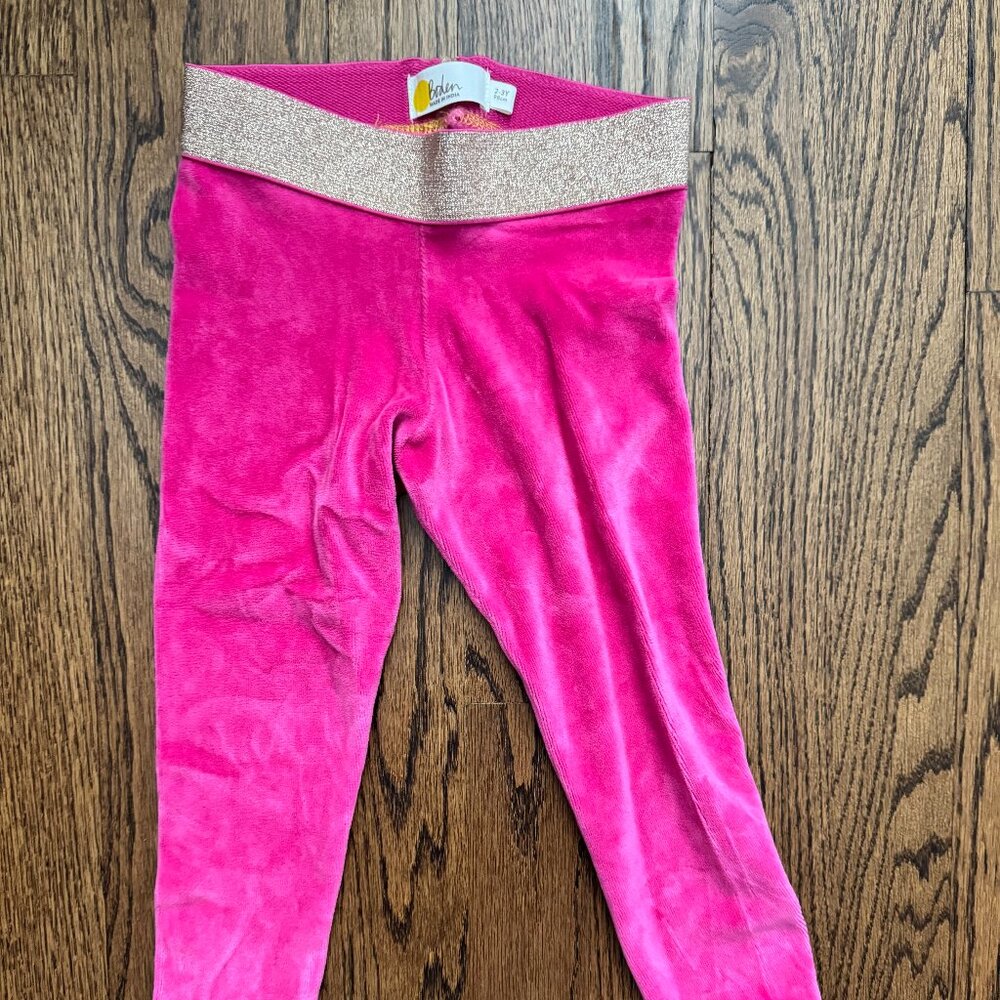 Mini Boden Pink Velour Leggings with Gold Glitter Waistband - 2-3Y